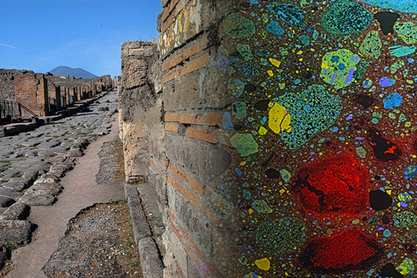 On left, ancient Roman wall. On right, colorful microscopic view of the concrete