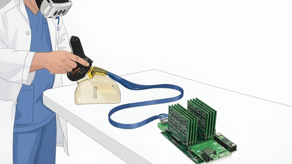 Technician scans a transparent lump with tech inside
